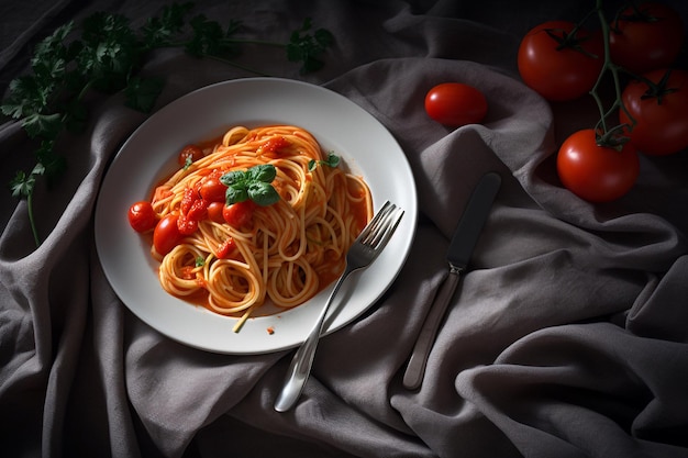 A plate of spaghetti with tomato sauce and parsley on top.