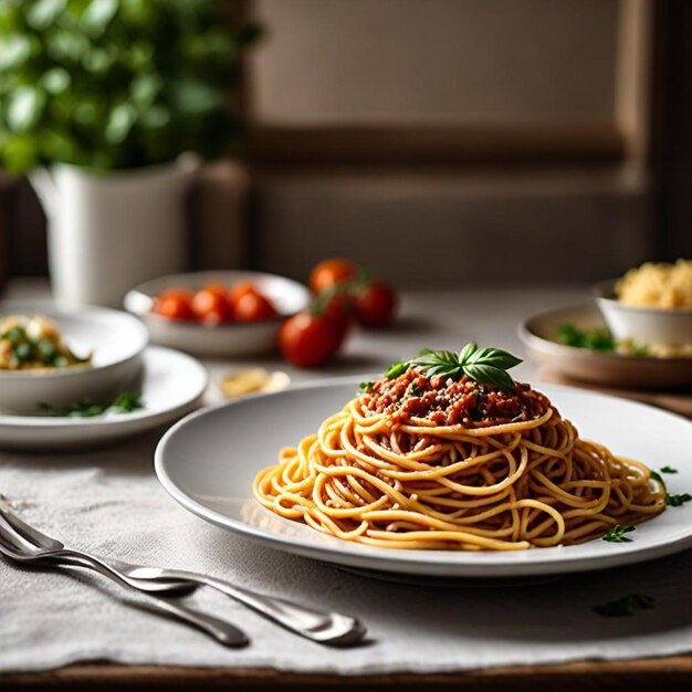 a plate of spaghetti with tomatoes and basil on it