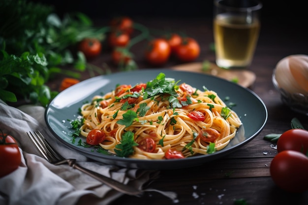 A plate of spaghetti with tomatoes and basil on a table