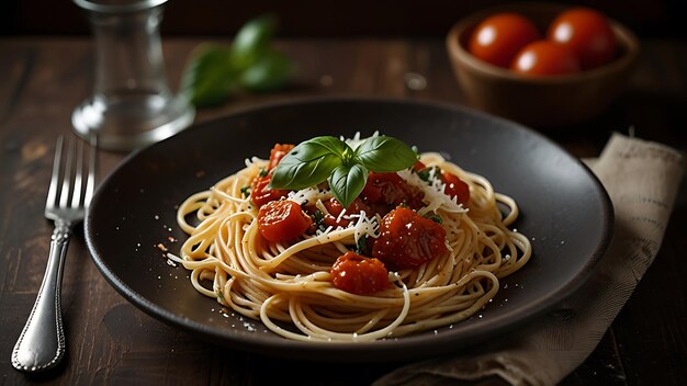 a plate of spaghetti with tomatoes and basil