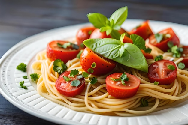 a plate of spaghetti with tomatoes and basil.