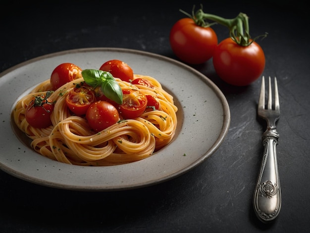 a plate of spaghetti with tomatoes and a fork next to a plate of tomatoes