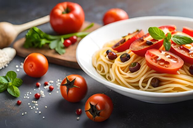 a plate of spaghetti with tomatoes and olives