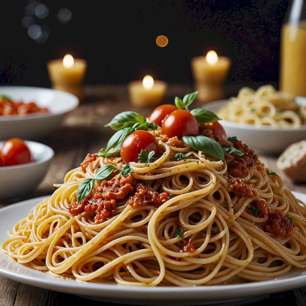 Photo a plate of spaghetti with tomatoes and a plate of pasta with a bottle of juice