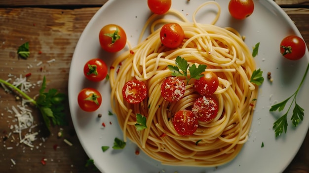 a plate of spaghetti with tomatoes and a tomato on it