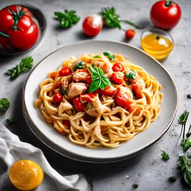 a plate of spaghetti with tomatoes tomatoes and parsley