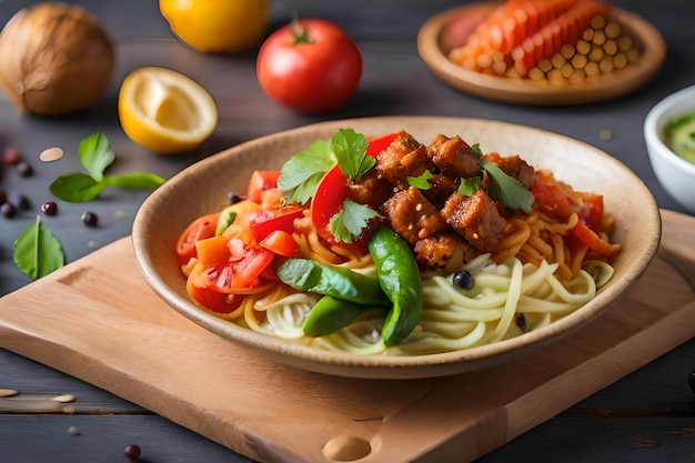 A plate of spaghetti with vegetables and meat.