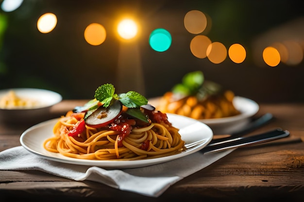 a plate of spaghetti with vegetables and noodles on a table