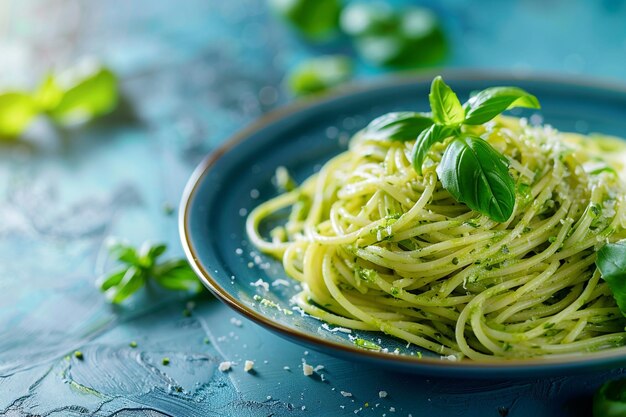 Photo a plate of spaghetti with vibrant green pasta sauce and basil on top