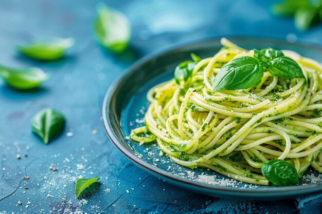 A plate of spaghetti with vibrant green pasta sauce and basil on top