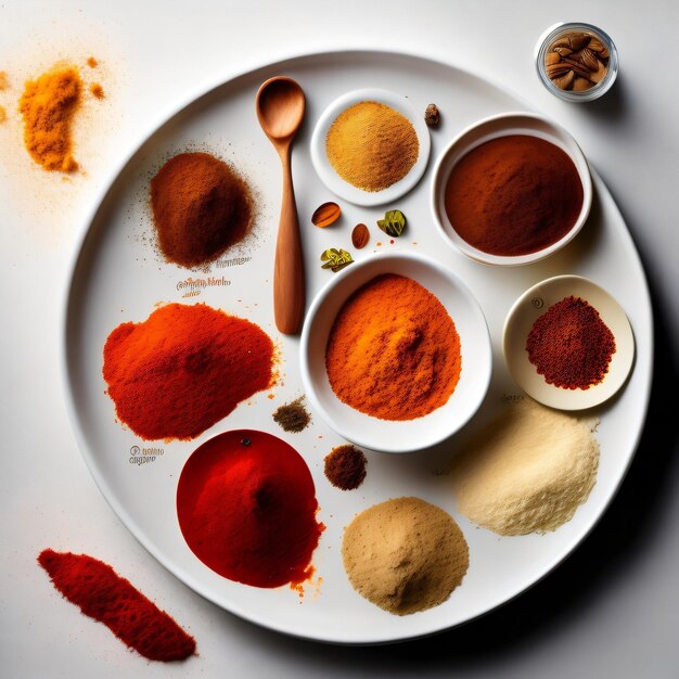 A plate of spices with a spoon on it and a small bowl of spices on the right.