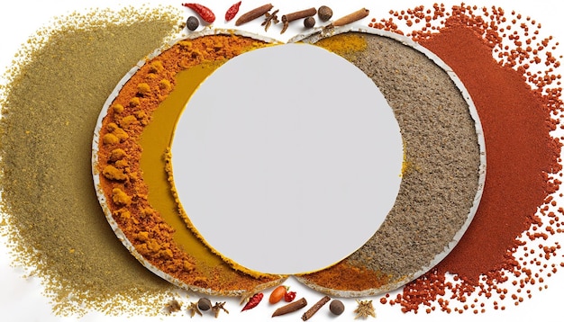 A plate of spices with a white circle in the middle.