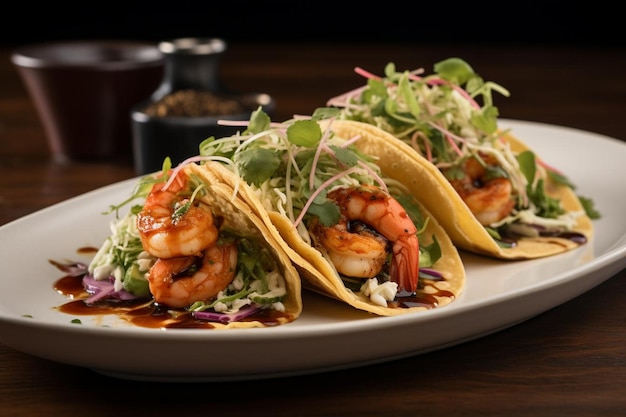 A plate of spicy shrimp tacos with avocad Seafood Photos 1510jpg