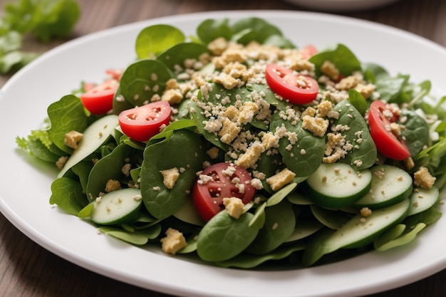 A plate of spinach salad with cucumber slices and tomatoes.