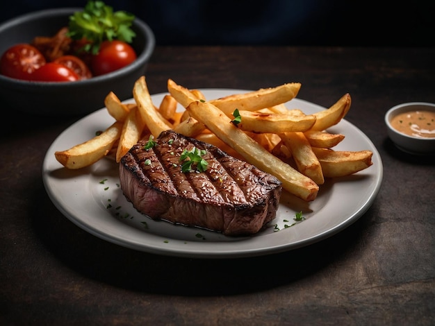 a plate of steak and french fries with a bowl of salad and a bowl of tomatoes