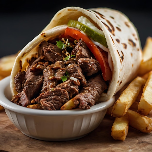 a plate of steak and french fries with a sandwich and french fries