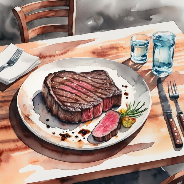 Photo a plate of steak and a glass of water on a table