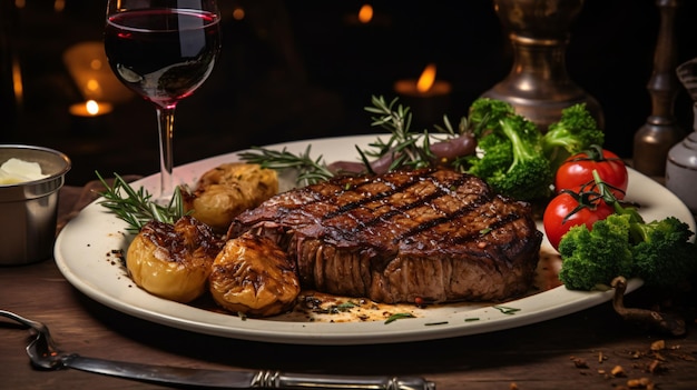 a plate of steak potatoes and broccoli sits on a table