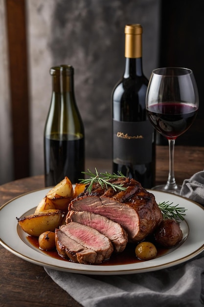 Photo a plate of steak and potatoes with a glass of wine next to it