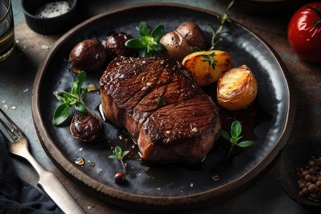 A plate of steak and potatoes with a sauce on it