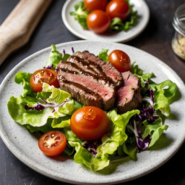 A plate of steak tomatoes and lettuce with a glass of wine Ai generated