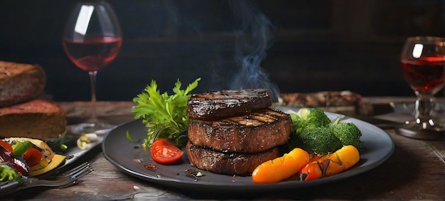 a plate of steak and vegetables on the table