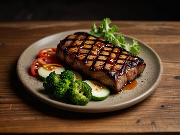 Photo a plate of steak and vegetables with a piece of broccoli on it