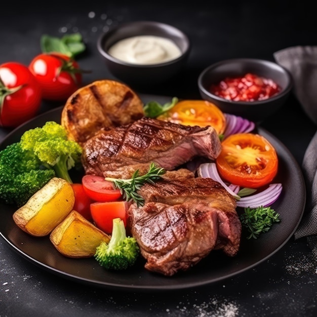 A plate of steak and vegetables with a side of sauce.