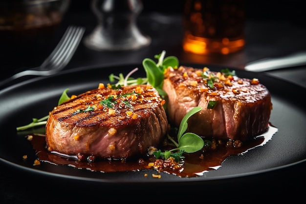 A plate of steak with sauce and herbs on it