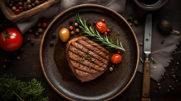 A plate of steak with a sprig of herbs on it