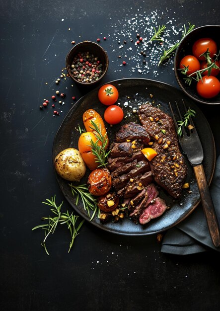 a plate of steak with tomatoes tomatoes and tomatoes