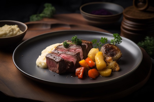 A plate of steak with vegetables and meat on it