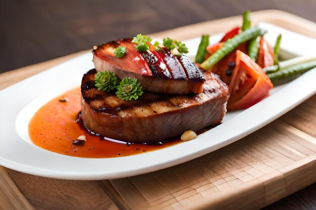 a plate of steak with vegetables and a red sauce.