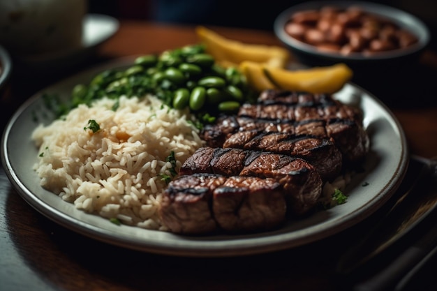 A plate of steaks, rice, and beans with a side of green beans.