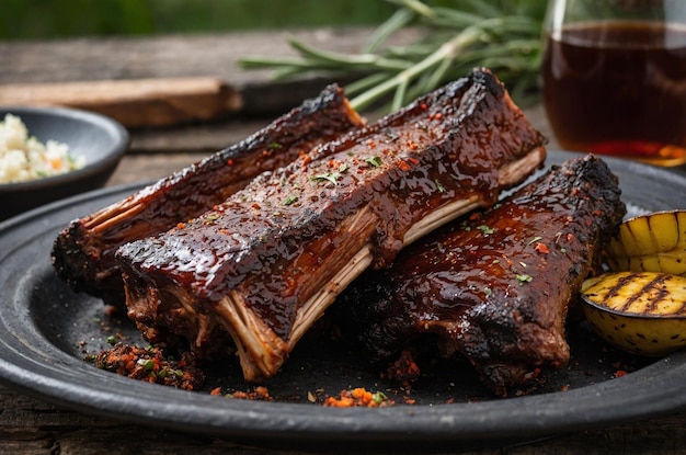 Photo a plate of steaks with a glass of beer next to it