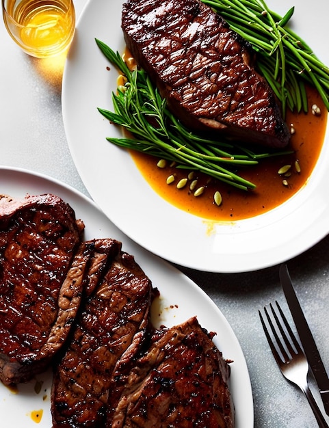 A plate of steaks with green beans on it