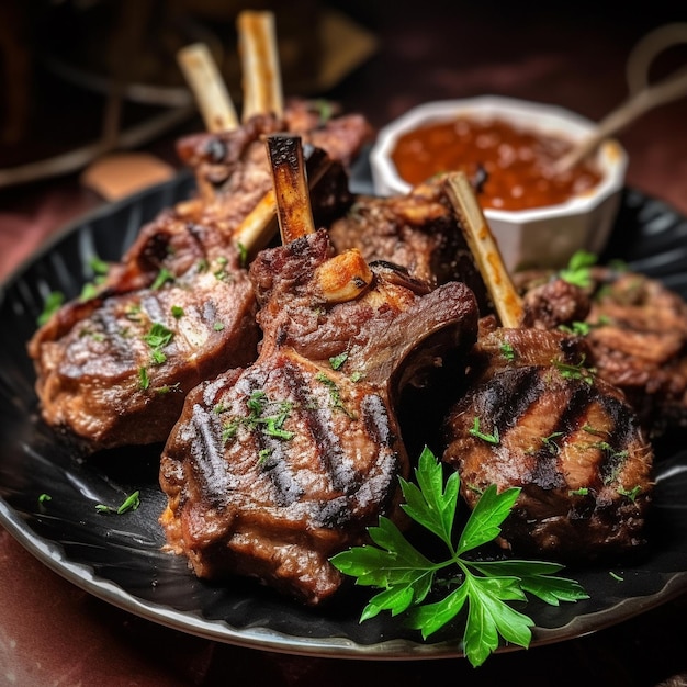 a plate of steaks with a green leaf on top of it.