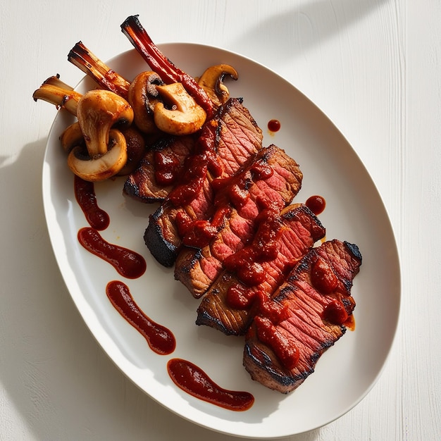 a plate of steaks with ketchup and onions on it