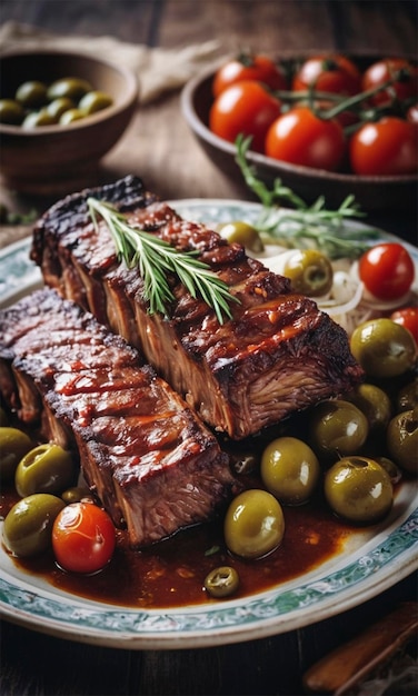 a plate of steaks with olives and tomatoes