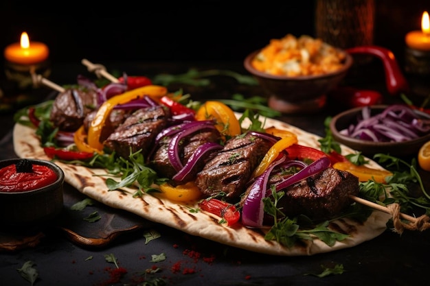 Photo a plate of steaks with peppers and peppers on it