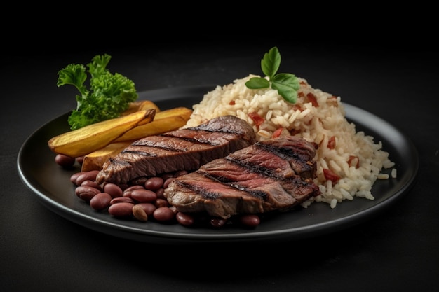 A plate of steaks with rice and beans on a dark background.