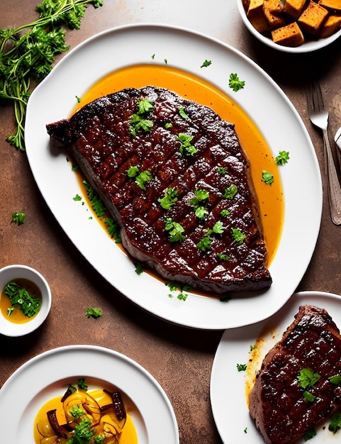 A plate of steaks with a sauce on it and a plate of parsley on the side.