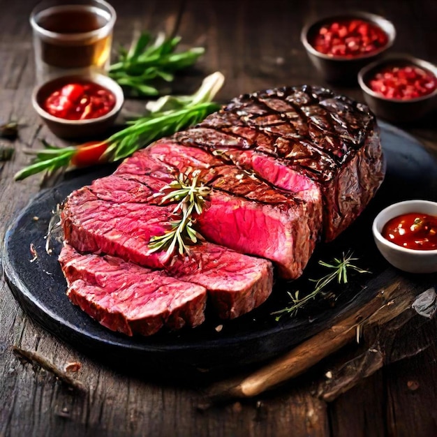 a plate of steaks with a small amount of spices on it