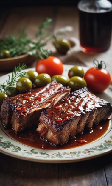 a plate of steaks with tomatoes and olives