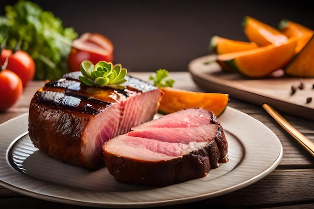 a plate of steaks with vegetables and fruit on it