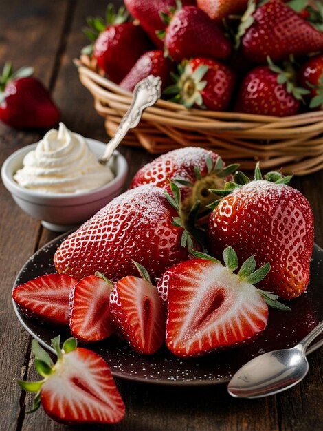 a plate of strawberries and a bowl of ice cream