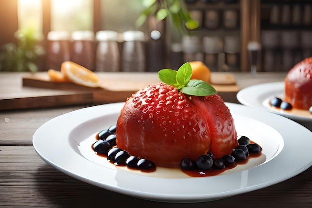 A plate of strawberry flan with blueberries on it