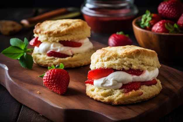 A plate of strawberry shortcake with whipped cream and strawberries on it