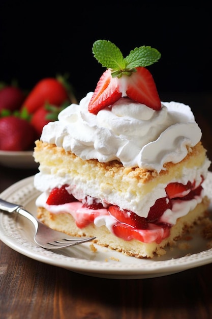 Photo a plate of strawberry shortcakes with strawberries and whipped cream.