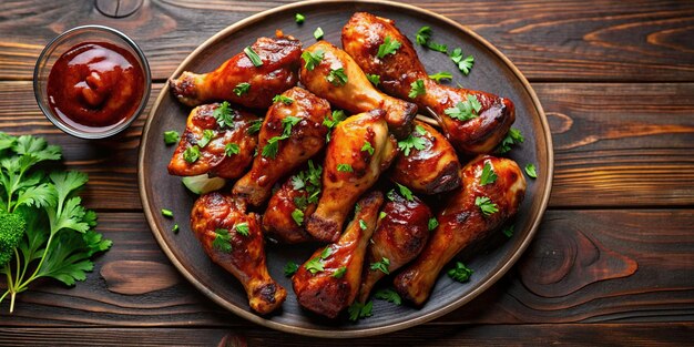 Photo plate of succulent grilled chicken drumsticks coated in spicy barbecue sauce homemade dinner lunch closeup grilled juicy spicy drumsticks appetizing chicken bbq tender